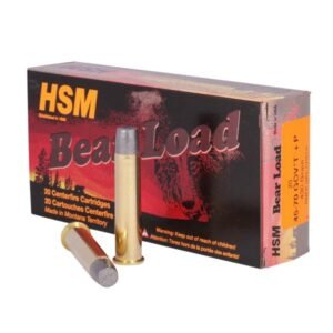 Hsm bear load ammunition box with black and red design featuring a bear graphic, alongside two brass 45-70 govt cartridges with silver tips.