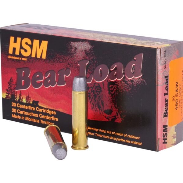 Hsm bear load ammo box with red design and bullets, showing 20 centerfire cartridges for firearms, located in casey, iowa.