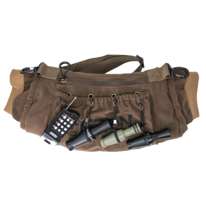 Brown tactical bag with multiple pouches, displaying black and green ammo accessories, designed for firearms storage; photographed in Casey, Iowa.