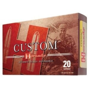 Box of hornady custom ammo, red and brown packaging, 20 cartridges.