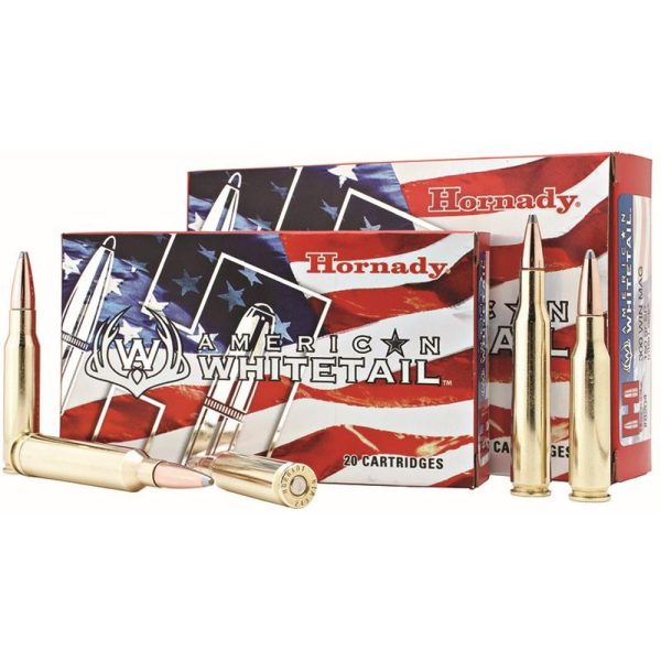 Hornady american whitetail ammo boxes with red, white, and blue american flag design, alongside gold-colored rifle cartridges.