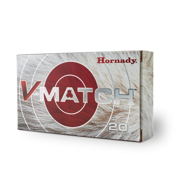 Box of hornady v-match ammo with red and white target design, 20 cartridges label.