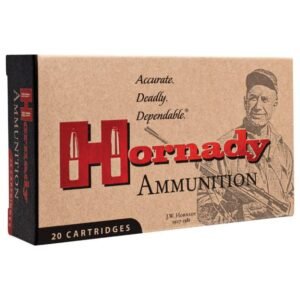 Box of hornady ammunition with a beige background, featuring the brand name in bold red letters and an illustration of a man holding a rifle. Includes text "accurate. Deadly. Dependable. "