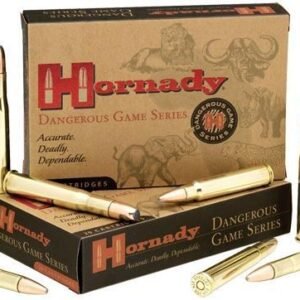 Alt text: hornady dangerous game series ammunition box with several brass rifle cartridges displayed around it.