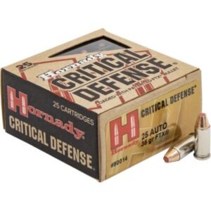 Box of hornady critical defense 25 auto ammunition, 36 gr ftx, shown with two silver-cased bullets featuring copper-colored tips.