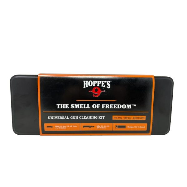 Black and orange hoppe's 9 universal gun cleaning kit with bold branding text "the smell of freedom," designed for pistol, rifle, and shotgun calibers.