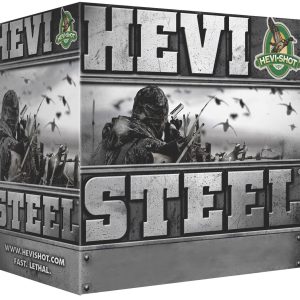Hevi-shot hevi-steel ammunition box featuring a camo-clad hunter with birds in flight, textured silver-gray lettering, and the hevi-shot logo.