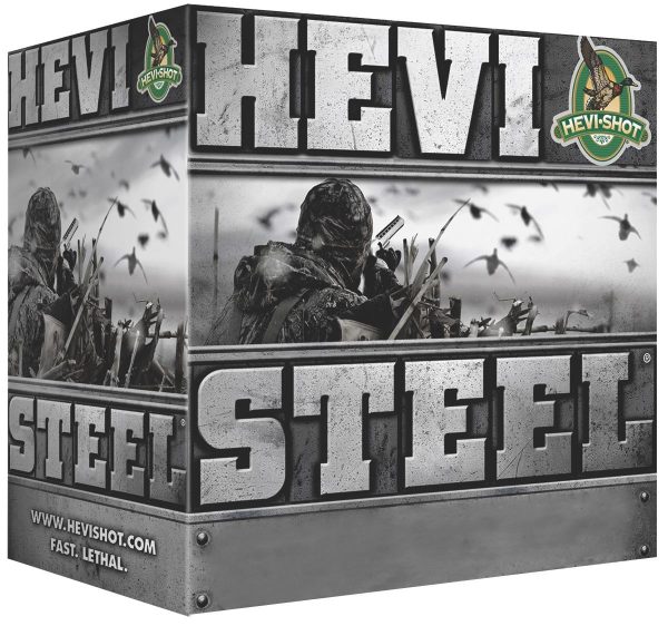 Hevi-shot hevi-steel ammunition box featuring a camo-clad hunter with birds in flight, textured silver-gray lettering, and the hevi-shot logo.