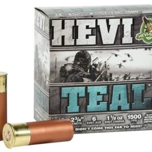 Box of hevi-shot teal 12-gauge shotgun shells with two brown and gold shotgun rounds.