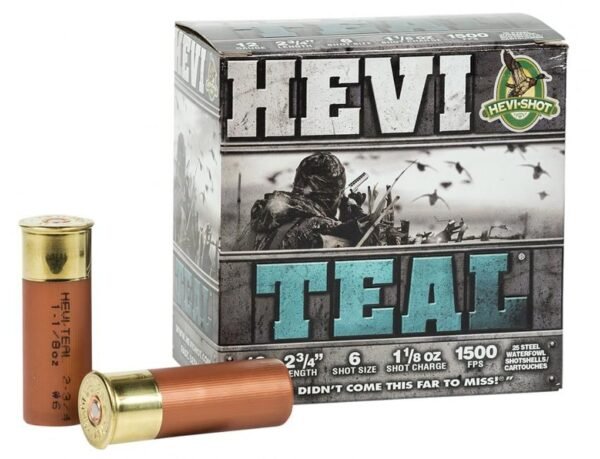 Box of hevi-shot teal 12-gauge shotgun shells with two brown and gold shotgun rounds.