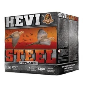 Box of hevi steel upland 12-gauge ammunition with orange and black design, featuring birds in flight.