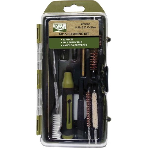 Ar15 cleaning kit with 17 pieces in green, black, and brass tones, packaged in a transparent case.