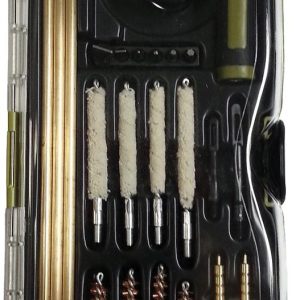 Sport Ridge universal rifle cleaning kit for .22 to .30 caliber firearms, featuring a transparent plastic case with a green label, brass rods, and cleaning brushes in black foam packaging.
