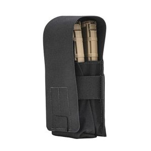 Black tactical ammo bag with flap open revealing tan rifle magazines inside, related to firearms and guns in Casey, Iowa.