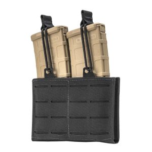 Black tactical ammo bag with two tan firearm magazines, Casey Iowa.