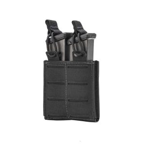 Black tactical ammo pouch with two metal magazines inserted, featuring adjustable straps and a durable design.