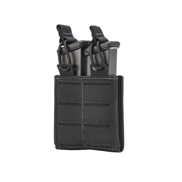 Black tactical ammo pouch with two metal magazines inserted, featuring adjustable straps and a durable design.