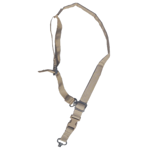 Tan firearm sling with adjustable buckles and metal swivel hooks against a white background.