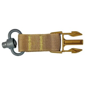 Tan-colored nylon strap with metal quick-release buckle and swivel attachment.