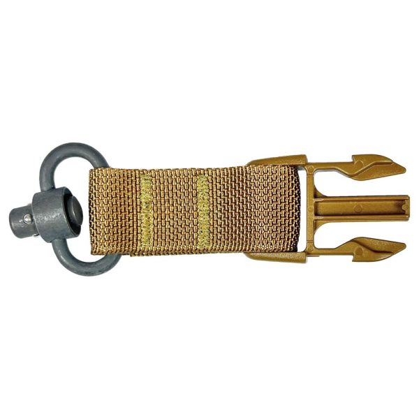 Tan-colored nylon strap with metal quick-release buckle and swivel attachment.