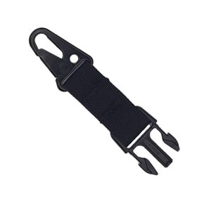 Black tactical strap with carabiner hook and buckle, suitable for attaching gear to firearms or bags.