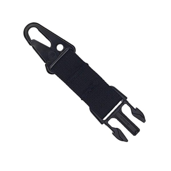 Black tactical strap with carabiner hook and buckle, suitable for attaching gear to firearms or bags.