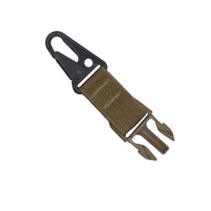 Brown tactical nylon keychain strap with a black metal carabiner and brown plastic buckle.
