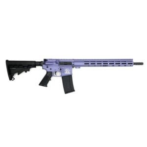 Purple assault rifle with black detailing and adjustable stock, isolated on a white background.