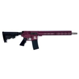 Maroon and black semi-automatic rifle with a skeletonized handguard and adjustable stock, displayed on a white background.