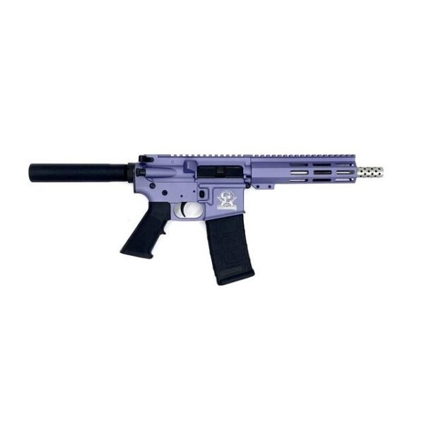 Purple and black rifle with a suppressor and custom logo, featuring a tactical design and a perforated silver muzzle brake.