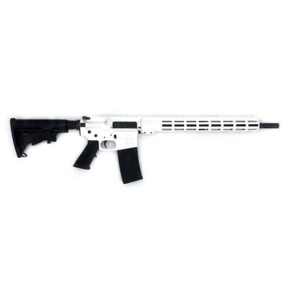 A white and black rifle with a long barrel and adjustable stock, featuring a black pistol grip and magazine.