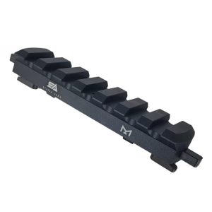 Black firearm accessory rail for mounting optics, featuring a textured, ridged surface and white branding logos on the sides.