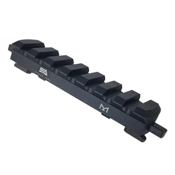 Black firearm accessory rail for mounting optics, featuring a textured, ridged surface and white branding logos on the sides.