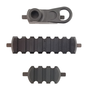 Alt text: Three black firearm accessory components on a white background, including a sling swivel and two Picatinny rail sections.