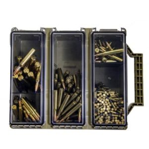 Black and olive green ammo storage box with three compartments filled with brass cartridges, bullets, and ammunition.