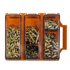 Ammo storage box with transparent lids containing various brass and silver bullets, featuring an orange plastic case.