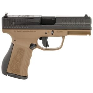 A tan and black semi-automatic pistol viewed from the side with textured grip and engraved text.