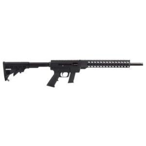 Black modern semi-automatic rifle with adjustable stock and ventilated handguard.