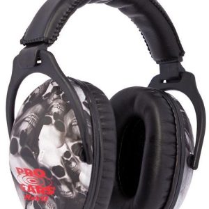 Black and white noise-canceling earmuffs with skull patterns, branded "Pro Ears Revo," featuring red text on the ear cups.