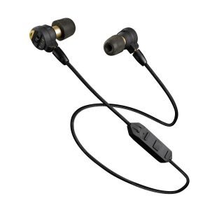 A pair of black in-ear headphones with foam tips and a braided cable, featuring an inline control.