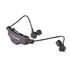 Pro Ears black electronic earplugs with connecting wire and volume control, designed for hearing protection.