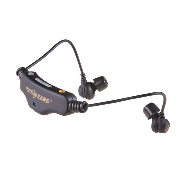 Pro ears black electronic earplugs with connecting wire and volume control, designed for hearing protection.