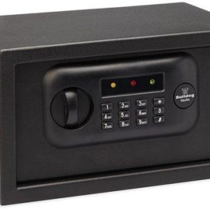 Black electronic safe with keypad lock and digital display, featuring "Bulldog" branding on the front, suitable for securing firearms, guns, and ammo.