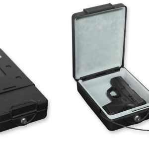 Black firearm security case with locking mechanism; one image shows the case closed, and the other open with a handgun inside on a light gray interior.