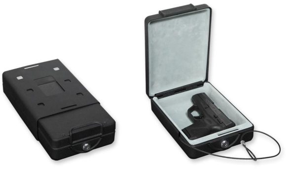Black firearm security case with locking mechanism; one image shows the case closed, and the other open with a handgun inside on a light gray interior.