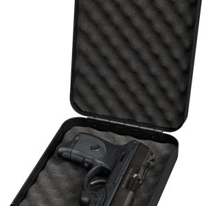 Black pistol in a foam-lined black case, Casey Iowa firearms.