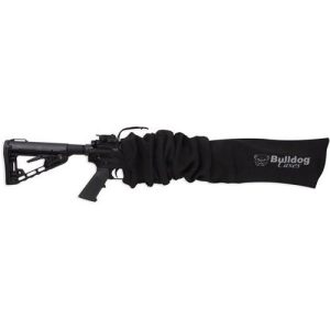 Black Bulldog Cases rifle sleeve covering a portion of a black firearm.