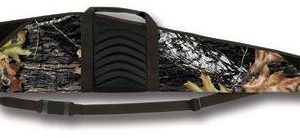 Camo-pattern firearm bag with green, brown, and black colors, featuring a black handle and adjustable strap.