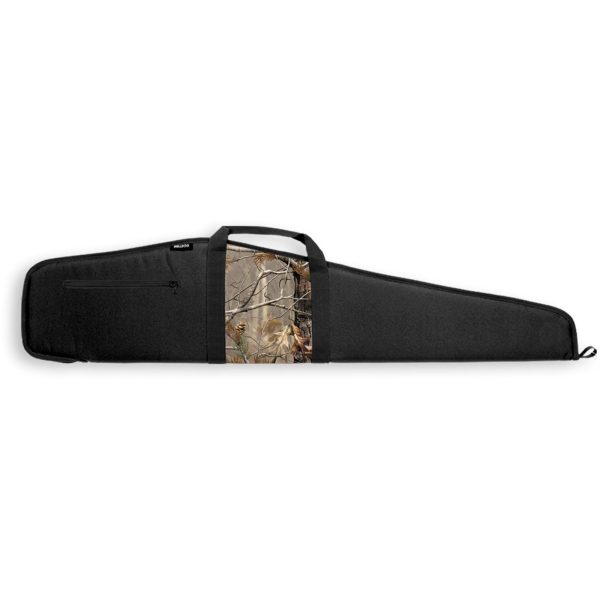 Black gun case with camouflage panel featuring woodland pattern, zipper pocket, and handles.