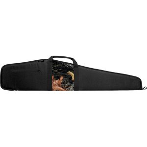 Black gun bag with a camouflage pattern in the center, featuring brown leaves and branches, designed for firearms, seen in Casey, Iowa.